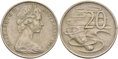 Австралия 20 центов 1969 Елизавета II (1952-2022), утконос KM 66 медно-никель 4131-845