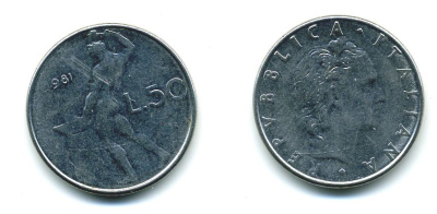 ИТАЛИЯ 50 ЛИР 1981 R, КУЗНЕЦ KM 95.1 нержавеющая сталь 41-1124