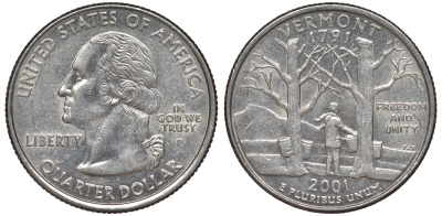США 25 центов = квотер 2001 Р, серия штаты США, Вермонт KM 321 медь плакированная медно-никелем 4538-1211
