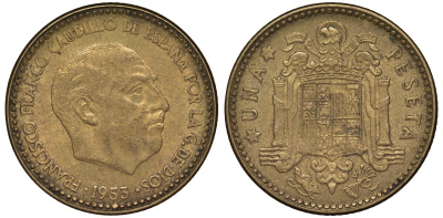 Испания 1 песета 1953 (56) Франциско Франко (1939-1975) KM 775 алюминиевая бронза 4163-113