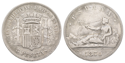 Испания 5 песет 1870 (70) временное правительство KM 655 серебро    1531-1032