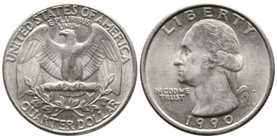 США 25 центов = квотер 1990 D, Вашингтон KM А164а медь плакированная медно-никелем 259-1222