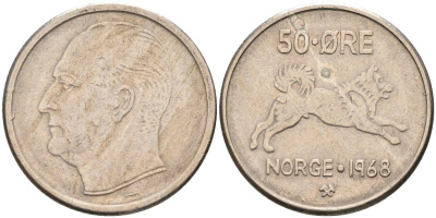 Норвегия 50 эре 1968 Улаф V (1957-1991), собака KM 408 медно-никель 4582-716