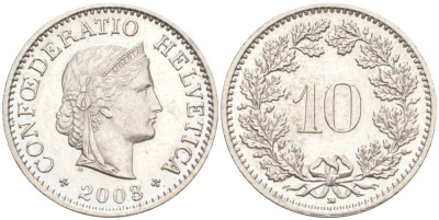 ШВЕЙЦАРИЯ 10 РАППЕНОВ 2003 В KM 27 медно-никель 55-552