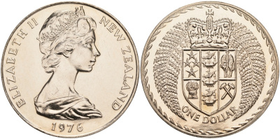 Новая Зеландия 1 доллар 1976 герб Новой Зеландии, Елизавета II (1952-2022) KM 38.2 медно-никель UNC 4552-1131
