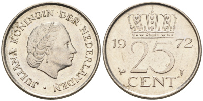Нидерланды 25 центов 1972 Юлиана (1948-1980) KM 183 никель    4174-659