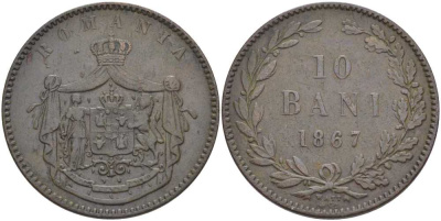 Румыния 10 бани 1867 монетный двор Watt&Co, Кароль I как принц (1866-1881) KM 4.2 медь 32-143