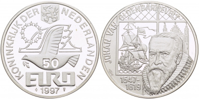 Нидерланды 50 евро 1997 Йохан ван Олденбарневелт (1547-1619), парусник серебро PROOF 1068-5-13