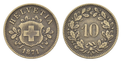 Швейцария 10 раппенов 1871 B, редкий год KM 6 серебро 1518-824