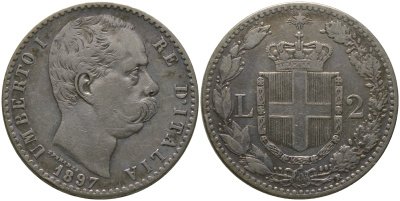 Италия 2 лиры 1897 R, Умберто I (1878-1900), монетный двор Рим KM 23 серебро 413-1831