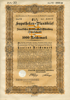 Германия 1000 рейхсмарок 1937 Государственное кредитное учреждение Ольденбурга (Государственный банк), ипотечный залог под залог 4-1/2%, облигация   бумага  8801-78-1