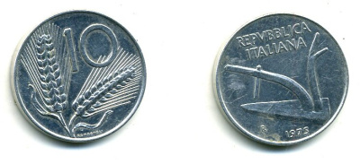ИТАЛИЯ 10 ЛИР 1975 ПЛУГ KM 93 алюминий 59-631