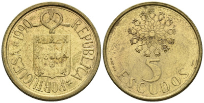Португалия 5 эскудо 1990 KM 632 никель латунь 4148-452