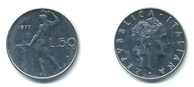 ИТАЛИЯ 50 ЛИР 1977 R, БОГ ОГНЯ ВУЛКАН У НАКОВАЛЬНИ KM 95.1 нержавеющая сталь 4379-411