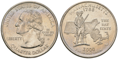 США 25 центов = квотер 2000 D, серия штаты США, Массачусетс KM 305 медь плакированная медно-никелем UNC 60-1317