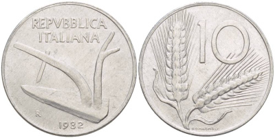 ИТАЛИЯ 10 ЛИР 1982 R, КОЛОСЬЯ, ПЛУГ KM 93 алюминий 4551-232