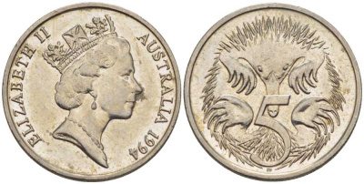 Австралия 5 центов 1994 Елизавета II (1952-), ехидна KM 80 медно-никель 105-323