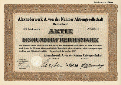 Германия 100 рейхсмарок 1937 Александрверк А. фон дер Нахмер АГ Ремшайд, акция   бумага   8803-105-1