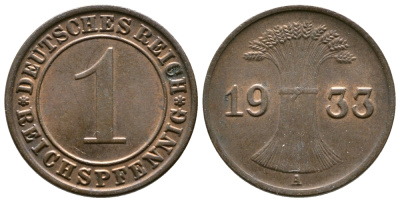 ГЕРМАНИЯ 1 РЕЙХСПФЕННИГ 1933 A KM 37, J. 313 бронза 4380-1237