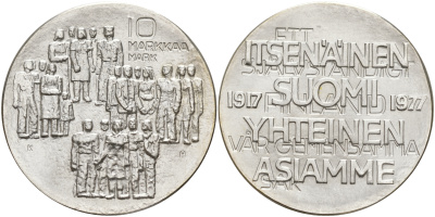 Финляндия 10 марок 1977 K-H, 60 лет независимости (1917-1977) KM 55 серебро UNC 1523-711