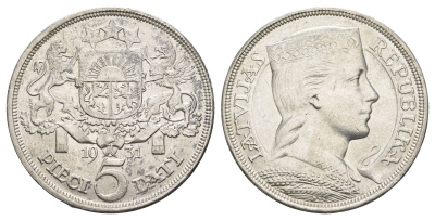 Латвия 5 латов 1931 девушка KM 9 серебро 443-1042