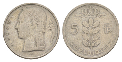 Бельгия 5 франков 1949 Belgique, Леопольд III (1934-1951) KM 134 медно-никель 4539-141