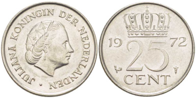 Нидерланды 25 центов 1972 Юлиана (1948-1980) KM 183 никель 214-964