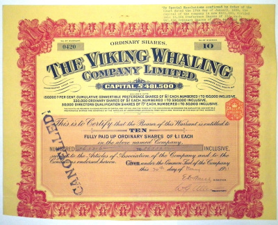 Великобритания The Viking Whaling Company Limited , китобойная компания 10 обыкновенных акций в 1 фунт 1931 бумага 5553-5