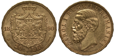 Румыния 20 лей 1890 Кароль I KM 20 золото UNC 00-000-00