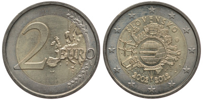 СЛОВАКИЯ 2 ЕВРО 2012 10 ЛЕТ НАЛИЧНОМУ ЕВРО KM 120 биметалл 4384-631