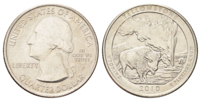 США 25 центов (квотер, 1/4 доллара) 2010 P, Квотеры «Парки США» - Национальный парк Йеллоустоун KM 470 медь плакированная медно-никелем UNC 4666-923