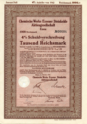 Германия 1000 рейхсмарок 1942 АО Химические заводы Эссенского каменного угля, 4 % долговое обязательство   бумага 8804-129-1