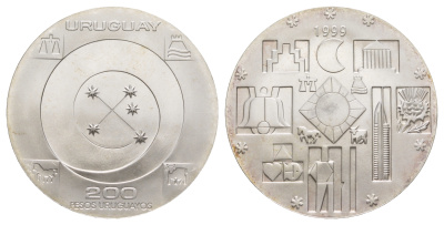 Уругвай 200 песо 1999 миллениум KM 115 серебро  UNC  1091-10-52