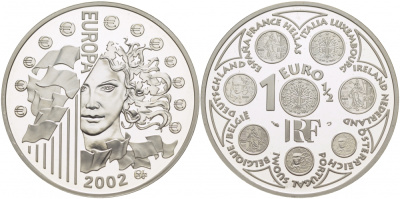 Франция 1 1/2 евро 2002 введение евро KM 1301 серебро PROOF 05-086-24
