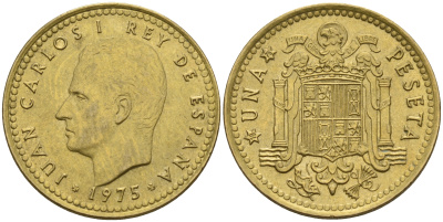 Испания 1 песета 1975 (76) Хуан Карлос I (1975-2014) KM 806 алюминиевая бронза    4153-211