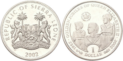 Сьерра-Леоне 1 доллар 2002 50 лет правлению Королевы Елизаветы II - Елизавета II, принц Чарльз и принцесса Анна KM 269 медно-никель BU 4368-1122