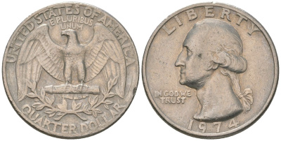 США 25 центов (квотер) 1974 Вашингтон KM 164a медь плакированная медно-никелем 4597-223