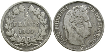 Франция 5 франков 1835 А, Луи Филипп I (1830-1848) KM 749.1 серебро 79-1034