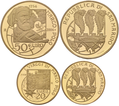Сан-Марино 20 евро + 50 евро (набор из 2 монет) 2004 Марко Поло, в оригинальной коробке с сертификатом KM 465, 466 золото PROOF 00-000-00