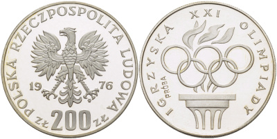 Польша 200 злотых 1976 MW, XXI олимпийские игры 1976 года в Монреале, олимпийский огонь и кольца, PROBE, пробный выпуск, тираж 6048 экз. KM Pr 285, Parchimowicz P.421a серебро PROOF 1085-1-44