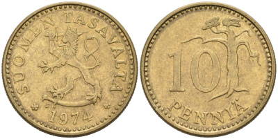 Финляндия 10 пенни 1974 S KM 46 алюминиевая бронза 4567-331