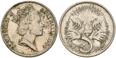 Австралия 5 центов 1990 Елизавета II (1952-), ехидна KM 80 медно-никель 4608-829