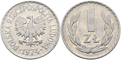 Польша 1 злотый 1974 MW, Народная Республика KM 49.1, Parchimowicz 213k алюминий 3336-1254