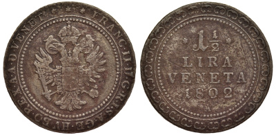 Венеция 1 1/2 лиры 1802 дом Габсбургов KM 165.1, J. 144 серебро 00-000-00