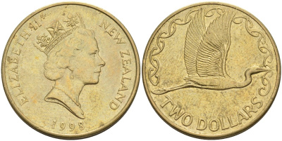 Новая Зеландия 2 доллара 1998 Елизавета II (1952-2022), большая белая цапля KM 79 алюминиевая бронза 4126-1221