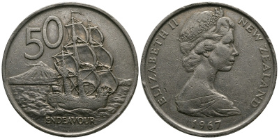 Новая Зеландия 50 центов 1967 Елизавета II (1952-2022), парусник Индевор KM 37.1 медно-никель 47-442