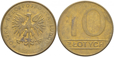 Польша 10 злотых 1990 MW, Народная Республика KM 152.2, Parchimowicz 244b латунь 4519-1024