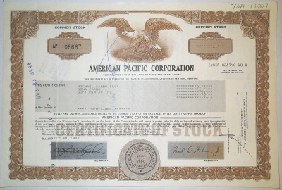 США, AMERICAN PACIFIC CORPORATION 21 акция 1987 бумага 00-00