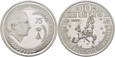 Бельгия 10 евро 2009 75 лет королю Альберту II KM 284 серебро PROOF 1076-4-64