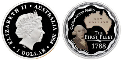 Австралия 1 доллар 2008 220 лет прибытию первого флота с поселенцами, адмирал Артур Филлип, эмаль серебро PROOF 8-1-05-08